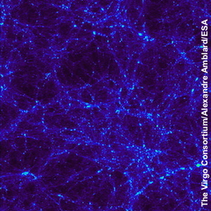 محاكاة لتوزيع المادة المظلمة بعد ما يقارب الـ 3 مليار سنة من الانفجار العظيم (الصورة ليست من هذا العمل).   المصدر: The Virgo Consortium/Alexandre Amblard/ESA.