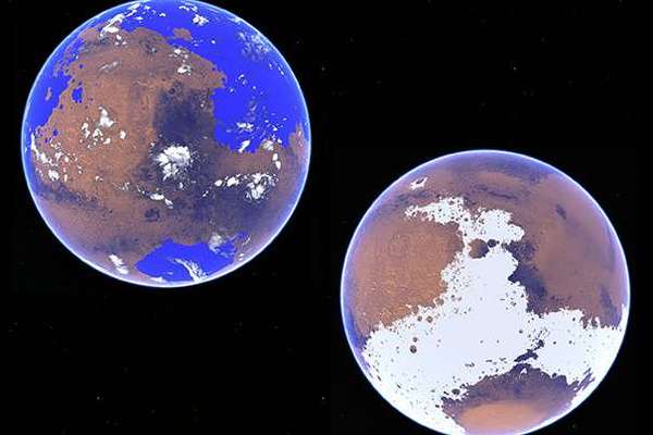 استخدم روبن ووردسورث، الأستاذ المساعد في العلوم والهندسة البيئية في كلية هارفارد جون أ. بولسون للهندسة والعلوم التطبيقية، وزملاؤه نموذجَ دوران للغلاف الجوي لمقارنة دورة الماء على المريخ في إطار سيناريوهات مختلفة تعود لـ 3-4 مليارات سنة. الصورة اليسرى تظهر المريخ على أنه كوكب دافئ رطب، وذو حرارة بمقدار 10 درجات مئوية (50 فهرنهايتًا)، واليمنى تظهر المريخ كوكبًا باردًا جليديًّا، بدرجة حرارة تصل إلى 48 درجة مئوية تحت الصفر (54- فهرنهايتًا).