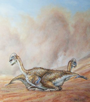 عمل فني يظهر ديناصورين من نوع الأوفيرابتوروصورس يحتضنان بعضهما في العصر الكريتاسي الأخير الذي مر على منغوليا قبل 70 مليون سنة. حقوق الصورة: COPYRIGHT MICHAEL W. SKREPNICK 2017