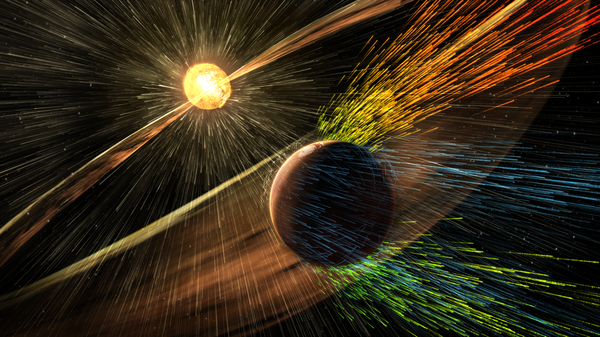 إظهار الفنانين لعاصفة شمسية تضرب كوكب المريخ وتعرية الأيونات من الغلاف الجوي العلوي للكوكب.