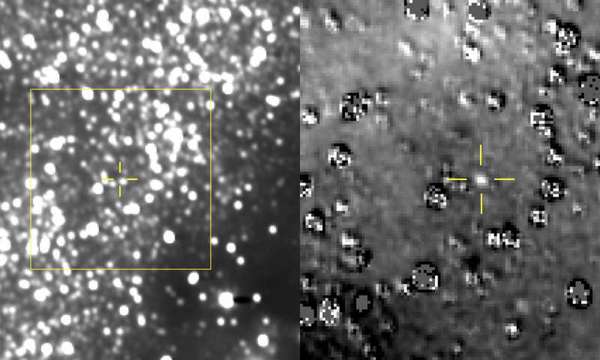 الشكل على اليسار عبارة عن صورة مركبة ناتجة عن إضافة 48 تعريضًا مختلفًا من التصوير الاستقصائي واسع المجال Long Range Reconnaissance Imager (يُطلَق عليه اختصارًا لوري LORRI) الخاص بـ نيو هورايزونز New Horizons، كل منها مدة تعريضه 29.967 ثانية، مأخوذة في 16 آب/أغسطس 2018. الموقع المتوقع لجسم حزام كويبر Kuiper Belt المدعو ألتيما ثول Ultima Thule في وسط الصندوق الأصفر، ويشار إليه بالتشابكات الصفراء، الموجود تمامًا فوق ويسار نجم قريب يعادل لمعانه 17 مرةً لمعان ألتيما تقريبًا. على اليمين، هناك منظرٌ مُكبَّر للمنطقة في الصندوق الأصفر بعد إقصاء مجال النجم في الخلفية "قالبه" والمأخوذة من لوري في أيلول/سبتمبر عام 2017 قبل الكشف عن الجسم نفسه. كُشِف ألتيما بشكلٍ واضحٍ في الصورة المُقصاة منها الخلفية النجمية، وهو قريبٌ للغاية من الموقع الذي تنبأ العلماء به، مما يشير إلى أن فريق نيو هورايزونز يستهدف الجهة الصحيحة. الآثار العديدة الصنعية الموجودة في الصورة منزوعة الخلفية النجمية ناتجة إما بسبب سوء التوثيق بين صور لوري الجديدة والقالب، أو بسبب اختلافات لمعان النجوم الحقيقية. لدى الحصول على هذه المشاهدات، كان ألتيما ثول يبعد 107 مليون ميل (172 مليون كيلومتر) عن المركبة الفضائية نيو هورايزونز، و4 مليون ميل (5.5 مليون كيلومتر) عن الشمس. ‏حقوق الصورة: NASA/Johns Hopkins University Applied Physics Laboratory/Southwest Research Institute