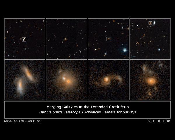 صور من هابل في عامي 2004 و2005 تظهر أربعة أمثلة عن المجرات المتداخلة (في مراحل مختلفة من العملية) بعيداً عن الأرض.