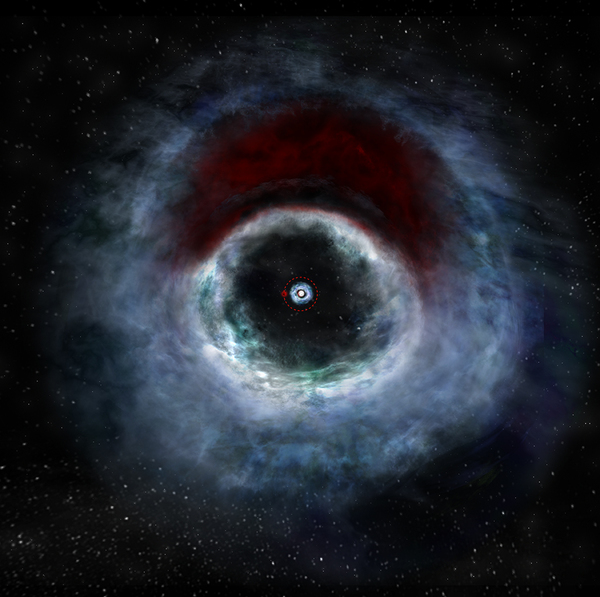 رسم فني يوضح نظام النجم الثنائي HD 142527 مأخوذ من البيانات التي التقطتها صفيفة أتاكاما الكبيرة المليمترية/دون المليمترية. يمثل الجسم الأحمر الذي يدور حول المركز نجماً مرافقاً منخفض الكتلة. الملكية: B. Saxton/NRAO/AUI/NSF.