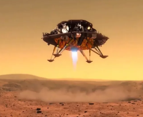 ​​​​​​​صورة فنية لهبوط مركبة تيانوين 1 على سطح المريخ باستخدام صواريخها الكبحية في المرحلة الأخيرة من عملية الهبوط. حقوق الصورة: CNSA