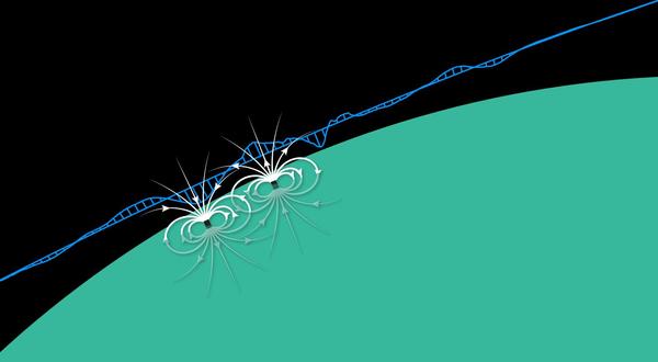 خطوط حقلٍ مغناطيسيٍّ (باللونِ الأبيض) ناتجة منَ الصُّخورِ السَّطحيَّةِ الممغنطةِ على عطارد. عندما مرت مسنجر فوق منطقة ممغنطة سطحيَّة، قاسَ مقياسُ المغناطيسيَّةِ تغيّرات صغيرَة في الحقلِ المغناطيسيّ (الخطوطُ الزّرقاء). حقوق الصورة:NASA