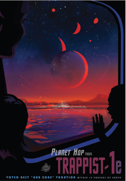 يصور هذا الملصق رسما تخيليا لما قد يكون عليه الحال في رحلة إلى TRAPPIST-1e. Credits: NASA/JPL-Caltech