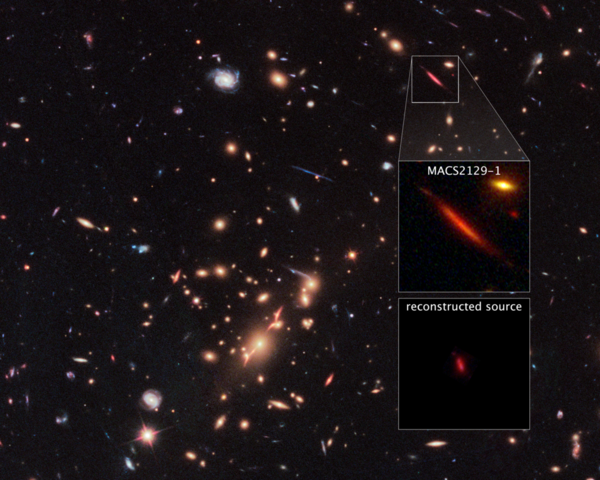 تعمل المجرّة الضخمة MACS J2129-0741 كتليسكوب طبيعي، حيث تقوم جاذبيتها بتكبير المجرّة البعيدة MACS2129-1 وتشويهها وزيادة سطوعها. تظهر المجرّة MACS2129-1 المقرَّبة بواسطة المفعول العدسي التثاقلي gravitational lensing في المربع الصَّغير في الصورة أعلاه، وفي المربع في الوسط تظهر صورة مكبَّرة للمجرّة المقرَّبة بواسطة التعديس الثقالي. أما المربع في الأسفل فيبيِّن ما ستبدو عليه المجرّة MACS2129-1 دون الاستعانة بالتقريب الذي تُحدثه المجرّة الضخمة، وتظهر المجرّة باللون الأحمر لأنها بعيدةٌ جدًا لدرجة انزياح لونها للجزء الأحمر من الطيف.  حقوق الصورة: NASA, ESA, S. Toft (University of Copenhagen), M. Postman (STScI), and the CLASH team