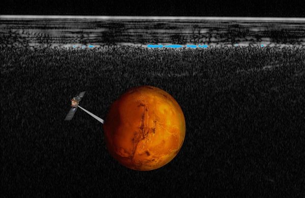 صورةٌ فنية لمركبة مارس إكسبرس مع المركبة الرادارية البيانية على اليسار. تُمثل البقعة الزرقاء الدليل الذي توصّل له الفريق على تواجد مياهٍ تحت سطحية على المريخ. حقوق الصورة: ESA, INAF. Graphic rendering by Davide Coero Borga, Media INAF