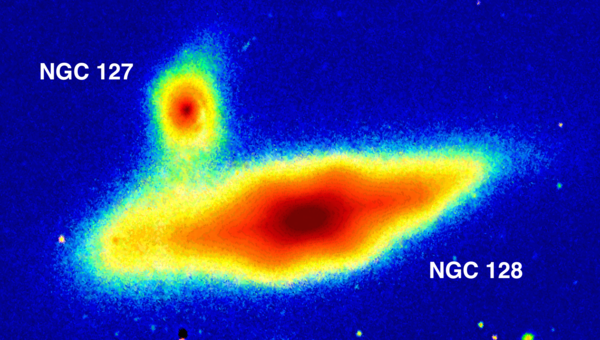 انتفاخ على شكل حبة الفول السوداني في مركز قرص مجرة NGC 128. حقوق الصورة: Sloan Digital Sky Survey / Aladin Sky Atlas / A.Graham, B.Ciambur, Swinburne University of Technology