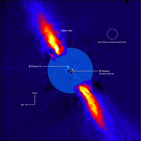بيتا بيكتوريس بي في مداره حول حطام قرص النجم بيتا بيكتوريس. الملكية: ESA/A-M LeGrange et. al.