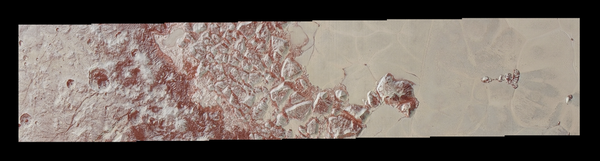 في الأعلى صورٌ عالية الدقة لبلوتو التقطتها المركبة الفضائية نيوهورايزنز قبل وصولها إلى أقرب مسافة لها من الكوكب القزم بتاريخ 14 يوليو/تموز 2015. وتكشف هذه الصور عن معالم بمقياس صغير يبلغ 270 ياردة (أي 250 متراً)، فتظهر فيها الفوهات والكتل الجبلية المُتصدّعة، إلى جانب السطح المليء بالتضاريس في أحد الأحواض الواسعة الذي يُدعى بـ : سبوتونيك بلانوم Sputnik Planum. وقد تمت إضافة ألوان مُحسّنة من الصورة الملونة الشاملة. تُغطي هذه الصورة مساحة من الأرض تبلغ حوالي 330 ميلاً (530 كم). ولرؤيةٍ أفضل، قم بتكبيرِ الصورة لتشاهدها بمقياس أكبر.  المصدر NASA/JHUAPL/SWRI