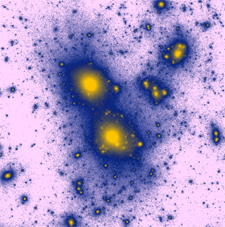 نتيجة محاكاة Illustris وتوضح توزع كثافة المادة المظلمة في الكون باللون الأرجواني