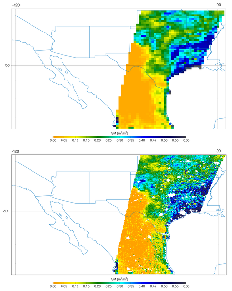 بيانات SMAP عندما الحقت العواصف الشديدة الضرر بتكساس. في الأعلى: بيانات مقياس كثافة الطاقة الإشعاعية، وفي الاسفل: الجمع بين بيانات الرادار ومقياس كثافة الطاقة الإشعاعية بدقة 5.6 ميل (9 كيلومتر)