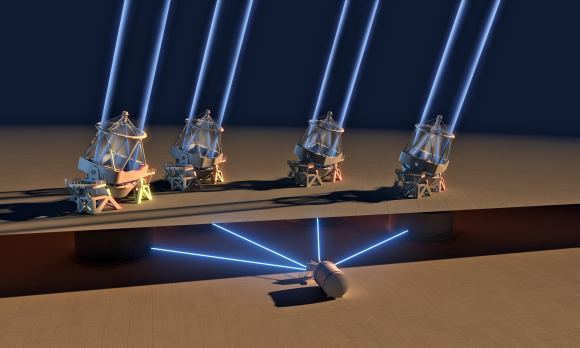 الأداة "ESPRESSO" تجمع الضوء من التليسكوبات الأربعة -التي يبلغ طول قطر كل مرآة فيها 8.2 مترًا-  تجمعه في المقراب العظيم "VLT” التابع ل"ESO" في تشيلي. وبسبب منطقة تجميع الضوء الموحدة، فإن هذا التليسكوب هو أكبر تليسكوب بصري موجود.  حقوق الصورة: (ESO/L. Calcada)