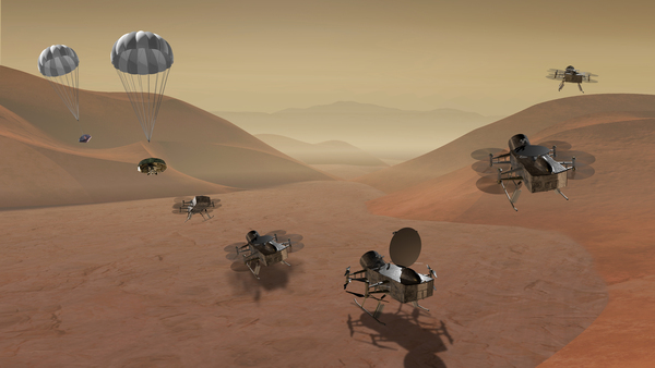 طائرة دراغون فلاي "Dragonfly" عبارة عن مروحية رباعية ذات هبوط مزدوج من شأنها الطيران إلى مواقع متعددة في قمر تيتان على بعد مئات الأميال لأخذ عينة من المواد، وذلك لتحديد مكونات سطح القمر تيتان، بالإضافة لدراسة الكيمياء العضوية للقمر ومدى استدامتها، ورصد ظروفه الجوية والسطحية، أيضاً أخذ صورة لتشكلات سطحه، ودراسة العمليات الجيولوجية، وإجراء الدراسات الزلزالية. المصدر: ناسا