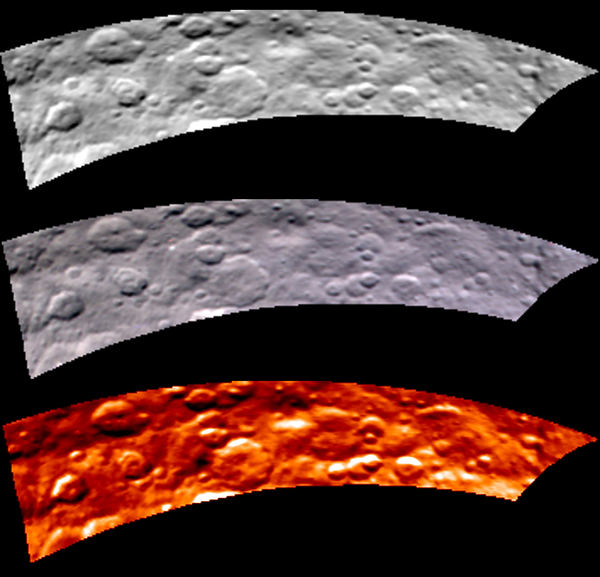تظهر هذه الصورة التي التُقطت من المركبة داون التابعة لناسا في السادس عشر من أيار/يونيو 2015 جزءاً من نصف الكرة الشمالي المليء بالفوهات كما يبدو بواسطة مقياس الطيف الرسام بالأشعة المرئية وتحت الحمراء (VIR).