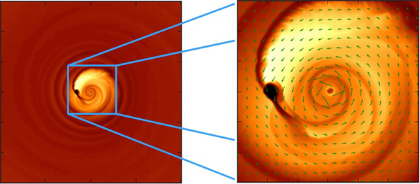 تساعد هذه المحاكاة في توضيح إشارة ضوئية غريبة قادمة من زوج متصادم بشكل قريب من الثقبين الأسودين، PG 1302-102، واللذان يقعان على بعد 3،5 مليار سنة ضوئية عن الأرض.   Credits: Columbia University