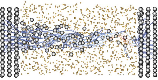 محاكاة حاسوبية للمقياس الذري لخلية ذاكرة الوصول العشوائي ذات الجسور الموصلة CPRAM مُعرضة لجهد كهربائي يساوي واحد ملي فولت 1 mv: مسارات الإلكترونات (خطوط حمراء وزرقاء)، ذرات النحاس (رمادي)، ذرات الأكسجين والسليكون (برتقالي). حقوق الصورة: Mathieu Luisier / ETH Zurich.
