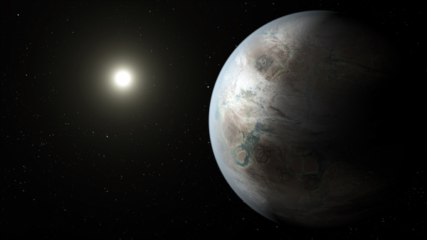  في هذا التصور الفني يعرض الرسام لنا أحد الأشكال المحتملة لكوكب كبلر-452- بي الذي يُعد أول كوكب يُكتشف في المنطقة الصالحة للسكن حول نجمه الشبيه بشمسنا وله حجم قريب من حجم الأرض. حقوق الصورة: : ناسا/مُختبر الدفع النفاث - معهد كاليفورنيا للتكنولوجيا/ تي. بايل Credits: NASA/JPL-Caltech/T. Pyle