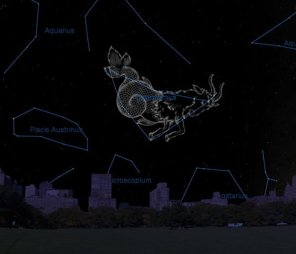 تظهر خريطة السماء هذه موقع كوكبة الجدي في سماء تشرين الأول/أكتوبر كما تُرى من خطوط العرض الشمالية الوسطى.   مصدر الصورة: Starry Night Software