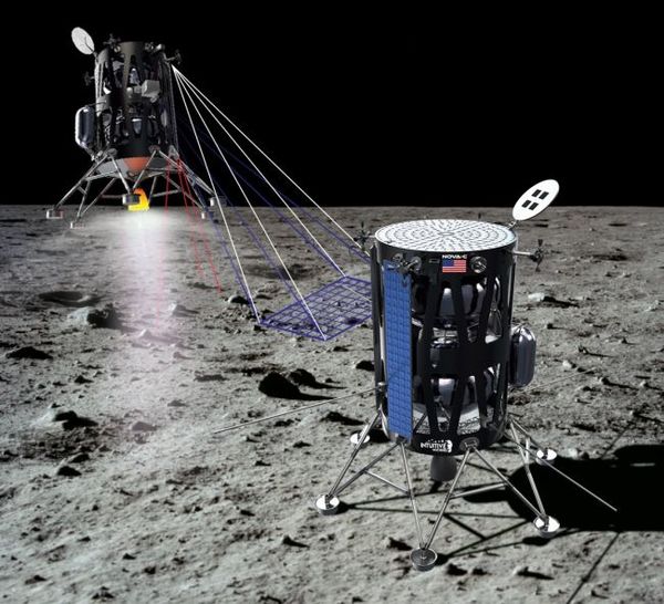 صورة فنية لمركبة الهبوط القمرية الخاصة بشركة انتوتف ماشينز  Intuitive Machines نوفا-سي على سطح القمر.   حقوق الصورة: Intuitive Machines.