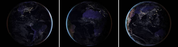 توفر الصور الثلاث المركبة مشاهد لنصفي الكرة الأرضية أثناء الليل. إن الغيوم وأشعة الشمس المضافة للصور لتعطي تأثيرًا جماليًا مأخوذة من أداة موديس MODIS التي تغطي السحب وسطح الأرض.  حقوق الصورة: NASA Earth Observatory images by Joshua Stevens, using Suomi NPP VIIRS data from Miguel Román, NASA's Goddard Space Flight Center