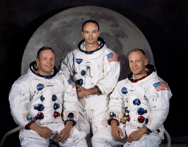 أفراد طاقم أبولو 11 (من اليسار إلى اليمين): أرميسترونغ، كولينز، ألدرين. حقوق الصورة: ناسا