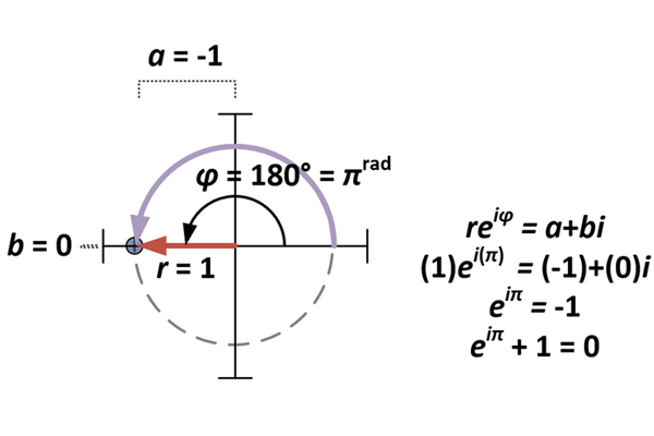 متطابقة أويلر هي حالة خاصة من a+bi وذلك بفرض أن a = -1 و b = 0 وبالصيغة re^iφ من أجل r = 1 وφ=π. حقوق الصورة: Robert J. Coolman