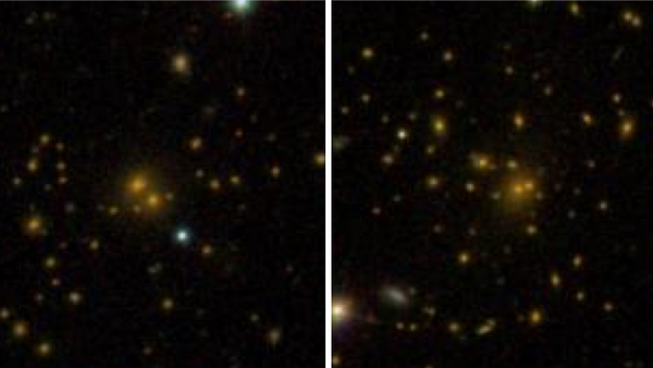 تظهر المقارنة بين العناقيد المجرية في فهرس المجرات DR8 التابع لمشروع سلون الرقمي المخصص لمسح واستكشاف السماء، وجود عنقود مجري تنتشر المجرات فيه على مساحة واسعة (الجانب الأيسر من الصورة)، وعنقود آخر أكثر كثافة واكتظاظاً (الجانب الأيمن). تشير الدراسة الجديدة إلى أن هذه الفروقات مرتبطة بالبيئة المحيطة بالعنقود المجري والمليئة بالمادة المظلمة.  المصدر: Sloan Digital Sky Survey