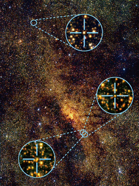 استخدمت ثلاثة نجوم قيفاوية متغيرة نابضة لقياس مسافة وعمر الأجسام الظاهرة في قلب مجرة درب التبانة. التقطت هذه الصورة عن طريق مرصد جنوب أفريقيا الفلكي وصدرت في 24 آب/أغسطس 2011.  حقوق الصورة: N. Matsunaga