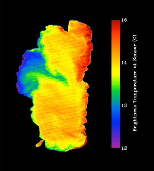تظهر في الصورة بحيرة تاهو، وهي ملتقطة بواسطة أداة ASTER الموجودة على متن القمر الصناعي تيرا Terra. وتبرز الصورة التفاوت في درجات حرارة البحيرة (درجات الحرارة الباردة باللون الأزرق ودرجات الحرارة الدافئة باللون الأحمر).  المصدر: NASA