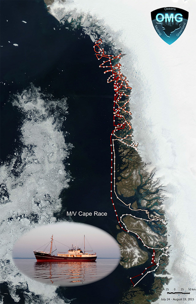 تقوم سفينة إم/في كيب ريس (M/V cape race) هذ الصيف بقياس أعماق قاع البحر حول جرينلاند. يتبع مسارها المعقد خنادق عميقة حُفرت بواسطة أنهار جليدية قديمة. يبدأ المسار بشكل سلس ومن ثم يتعمق أكثر عبر بقية المسار الممسوح، ويظهر على اليسار الجليد البحري على مقدمة السفينة في تاريخ 24 يوليو. المصدر: وكالة ناسا/ مختبر الدفع النفاث JPL- معهد كاليفورنيا التقني كالتيك Caltech.