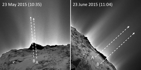 تم التقاط صورة هذا النشاط الموضح أعلاه بواسطة كاميرا أوزيريس ضيقة الزاوية بتاريخ 23 مايو/أيار سنة 2015 (في جهة اليسار)، قبل أن تتم مشاهدة تغيرات كبيرة في نفس المنطقة بتاريخ 23 يونيو/حزيران 2015 وذلك بعد أن بدأت تلك التغيرات بالظهور. (التوقيت هنا هو التوقيت العالمي).   تم استخدام الحرفين A و B للإشارة إلى أماكن ظهور أول اثنين من المعالم في منطقة إمحوتب. كما تشير الأسهم البيضاء إلى الاتجاه المترافق مع زيادة في نشاط تمت رؤيته على شكل انبعاثات تخرج من هذه المعالم حديثة التشكل.  المصدر: ESA/Rosetta/MPS for OSIRIS Team MPS/UPD/LAM/IAA/SSO/INTA/UPM/DASP/IDA