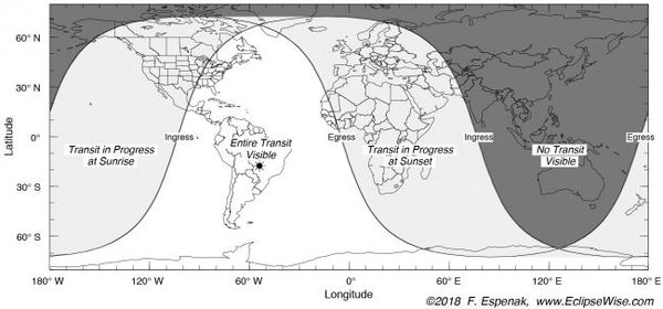 تُظهر هذه الخريطة التي وضعها الفلكي فريد إسبيناك Fred Espenak أين ومتى سيكون عبور عطارد مرئياً حول العالم يوم الإثنين.  حقوق الصورة: Fred Espenak/eclipsewise.com