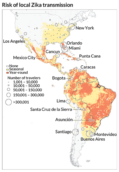 خريطة توضح مخاطر انتقال زيكا محلياً -الامتداد المحتمل لفيروس زيكا: خريطة عالمية جديدة تلقي الضوء على الأماكن التي يُحتمل أن ينتشر فيها زيكا، فصلياً (باللون الأصفر)، أو على مدار العام (باللون البرتقالي). وضع الباحثون هذه الخريطة بعد أن قاموا بتحليل الأماكن التي يمكن للبعوض الذي يحمل فيروس زيكا أن يتكاثر فيها، بالإضافة إلى حجم ووجهة المسافرين عبر الرحلات الجوية خارج البرازيل، المركز الرئيسي لانتشار فيروس زيكا I. BOGOCH ET AL/LANCET 2016.