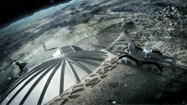 يظهر هذا المشهد صورة فنية لشكل المنشآت الأولي التي ستبنى على سطح القمر، وذلك وفقاً للمخطط الذي وضعته وكالة الفضاء الاوروبية. المصدر: ESA/Foster + Partners