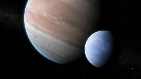 رسم توضيح للكوكب الخارجي Kepler-1625b مع قمره الافتراضي. لهذا الزوج نسبة كتلية ونسبة أنصاف قطر مماثلة لنظام الأرض-الشمس، لكنّها مضروبة بالعدد 11. حقوق الصورة: Dan Durda