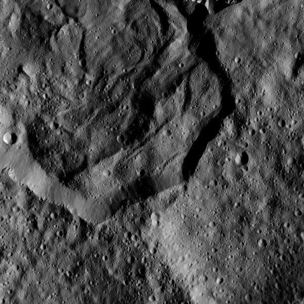 صورة ملتقطة بمركبة داون وتظهر جزءاً من فوهة ميسور Messor Crater التي يبلغ اتساعها 25 ميلاً (40 كيلومتراً)، وتقع في على ارتفاع متوسطٍ في الشمال من كوكب سيريس، ويبيّن هذا المشهد الفوهة القديمة والتي تشبه الفلقة الكبيرة وتمتدّ لتغطي نسبياً الجزء الشمالي من أرضية الفوهة، وهذا الامتداد (التدفق) هو كتلة من المواد التي تقذف عندما تشكّلت فوهة حديثة في شمالي الحافة تماماً. مصدر الصورة: NASA/JPL-Caltech/UCLA/MPS/DLR/IDA