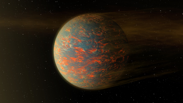 يبيّن هذا الرسم أحد السيناريوهات المحتملة لما سيبدو عليه الكوكب الخارجي الصخري الحار 55 كانكري إي (55 Cancri e)الذي يبلغ قطره ضعفي قطر الأرض. أنتجه روبرت هرت في عام 2016. Credits: NASA/JPL-Caltech